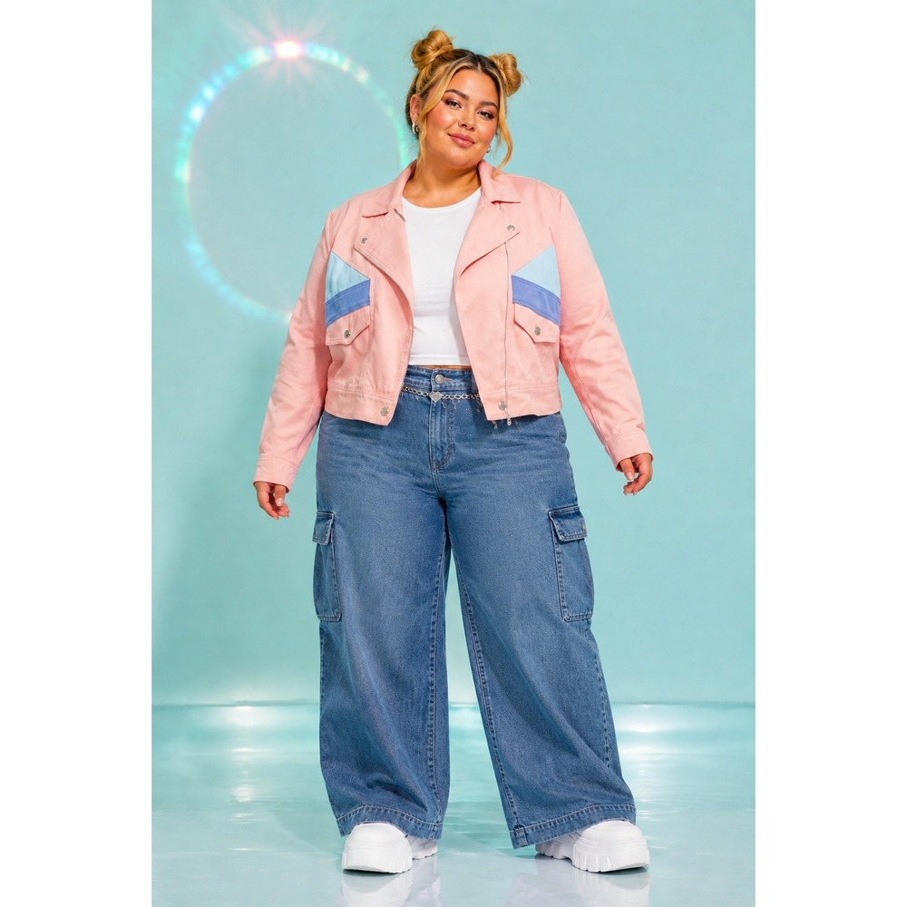 Streetwear Barbie Y2K Pink Blue Colorblock Denim Moto Retro Stripes 2X Jacket